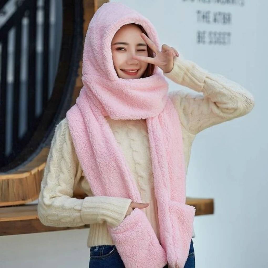 2 in 1 Winter Cap with Hand Pocket(pink)